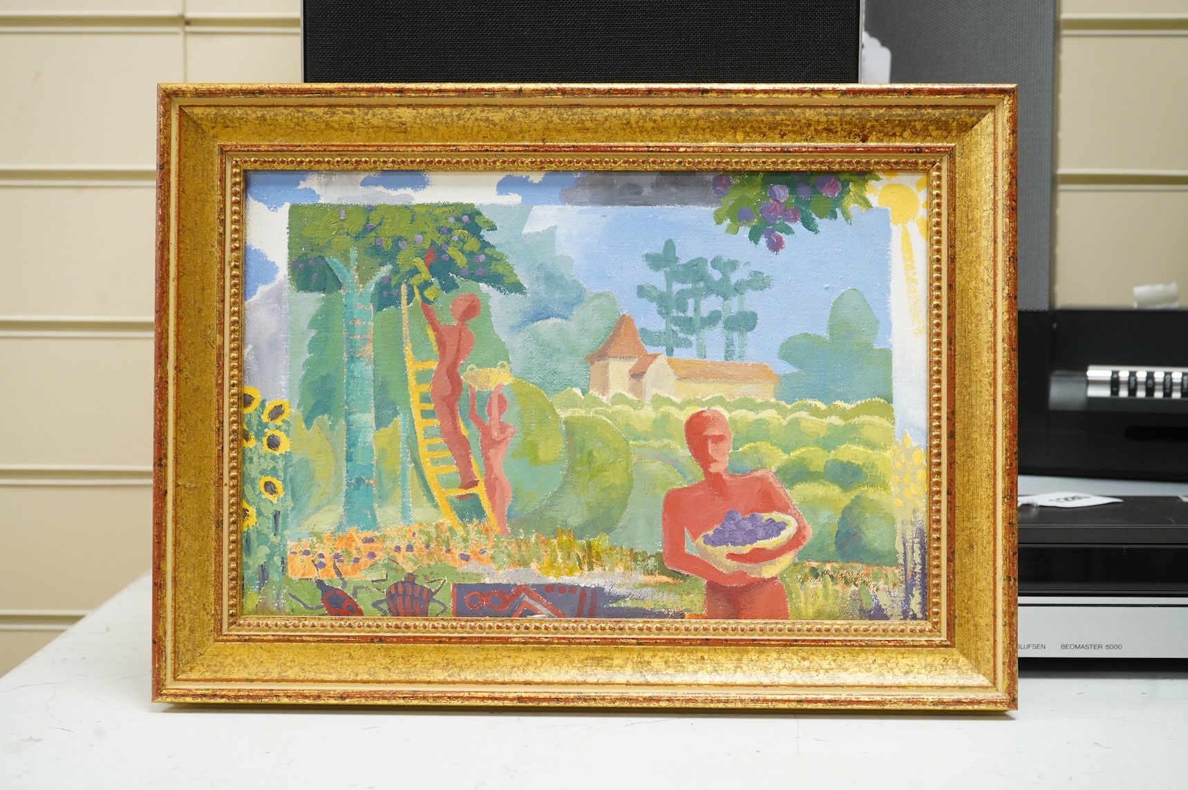 Mid century style, abstract figures harvesting plums, signed JH and dated 92, oil on canvas, 19 x 29cm